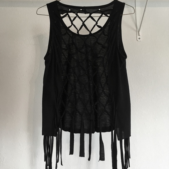 Black Open Back Fringe Tank Top - Picture 1 of 2